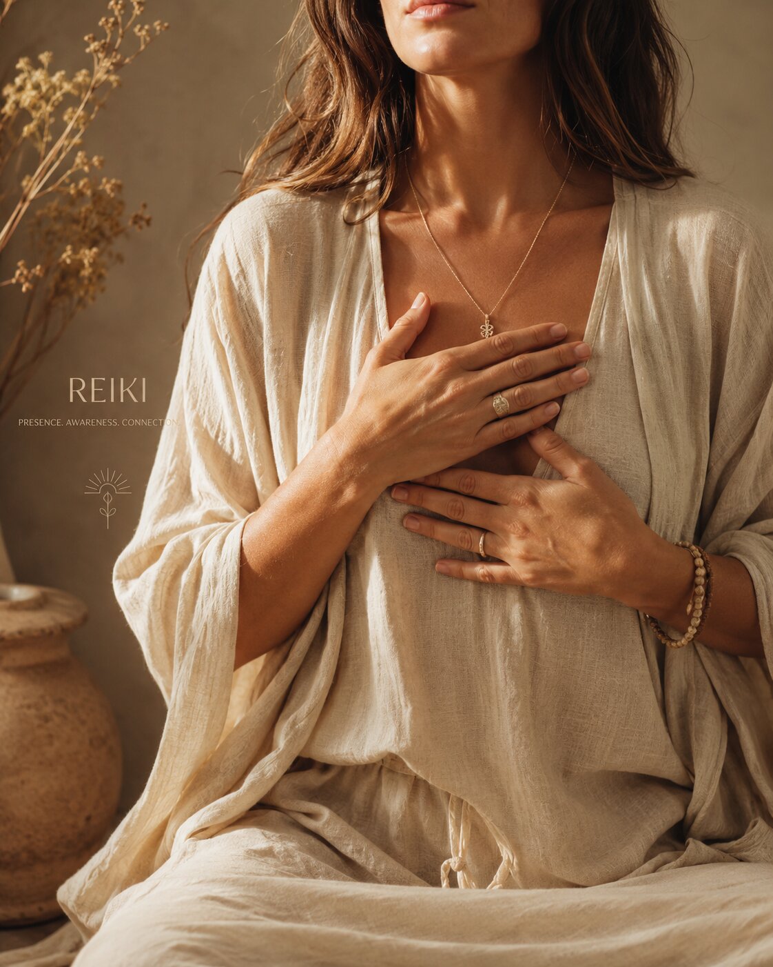 Reiki, woman standing with hand on heart and lower abdomen