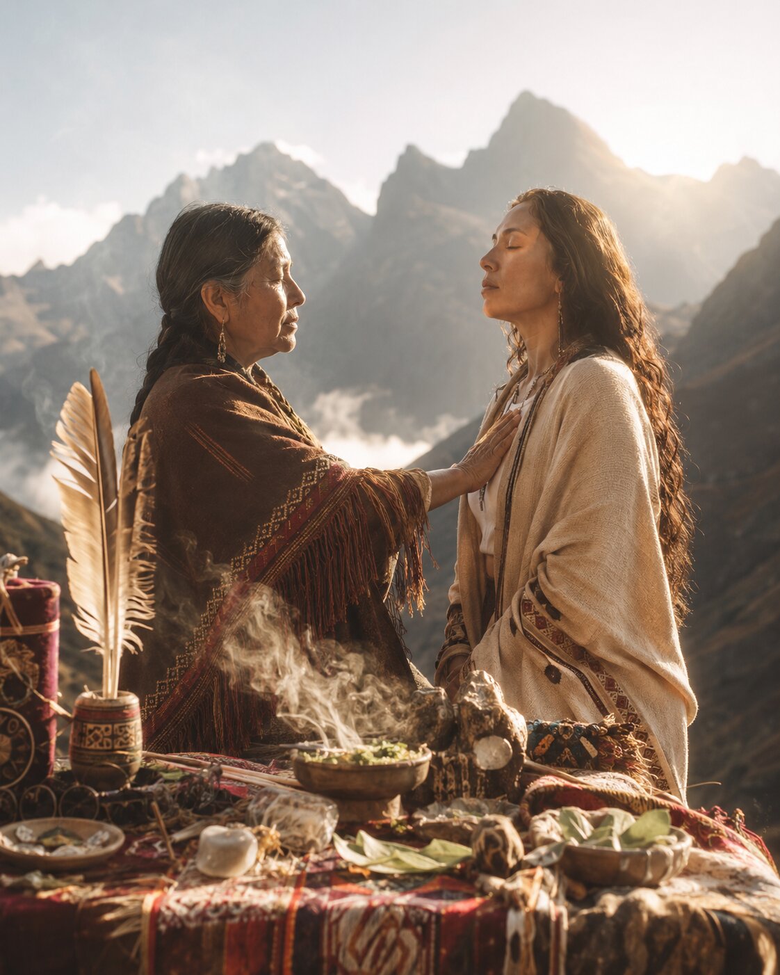 Munay-Ki initiation, Andean elder and student in traditional dress with mesa and sacred offerings before the mountains