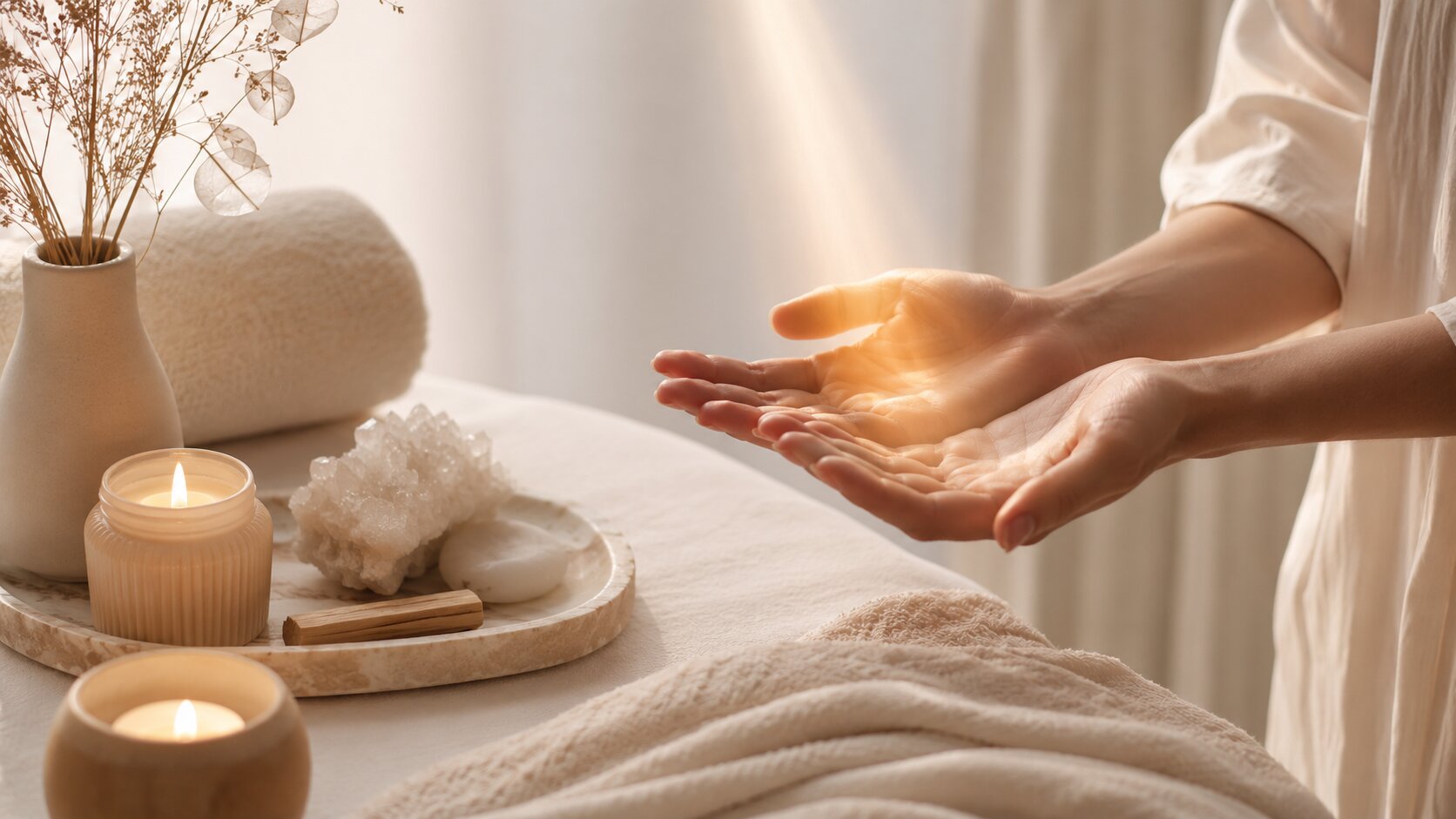 Reiki Level I, hands receiving golden light during an energetic session