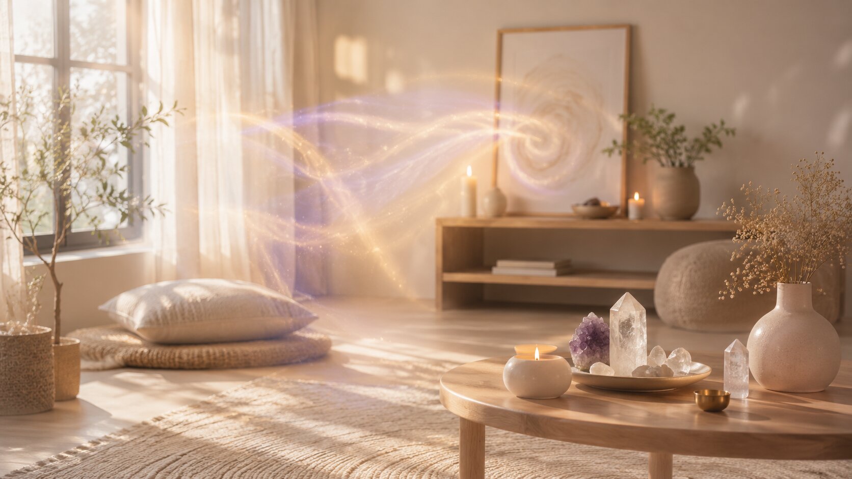 Reiki Level II, serene interior with energetic currents, crystals, and soft natural light