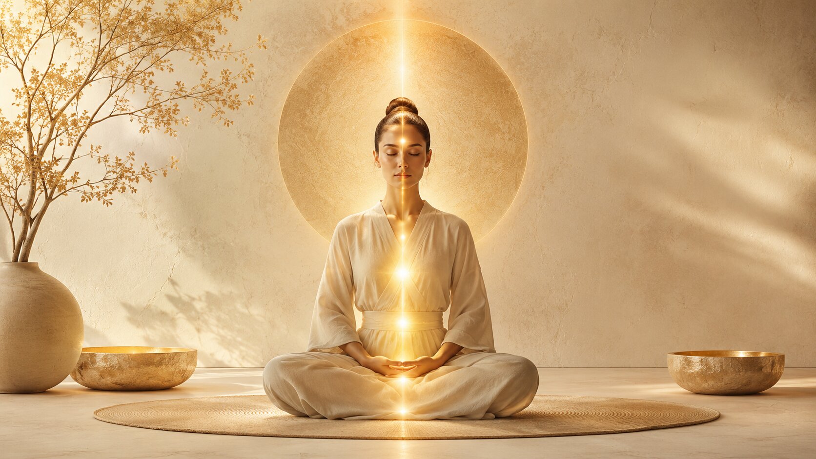 Reiki Master Level 3, figure in meditation with a vertical column of golden light